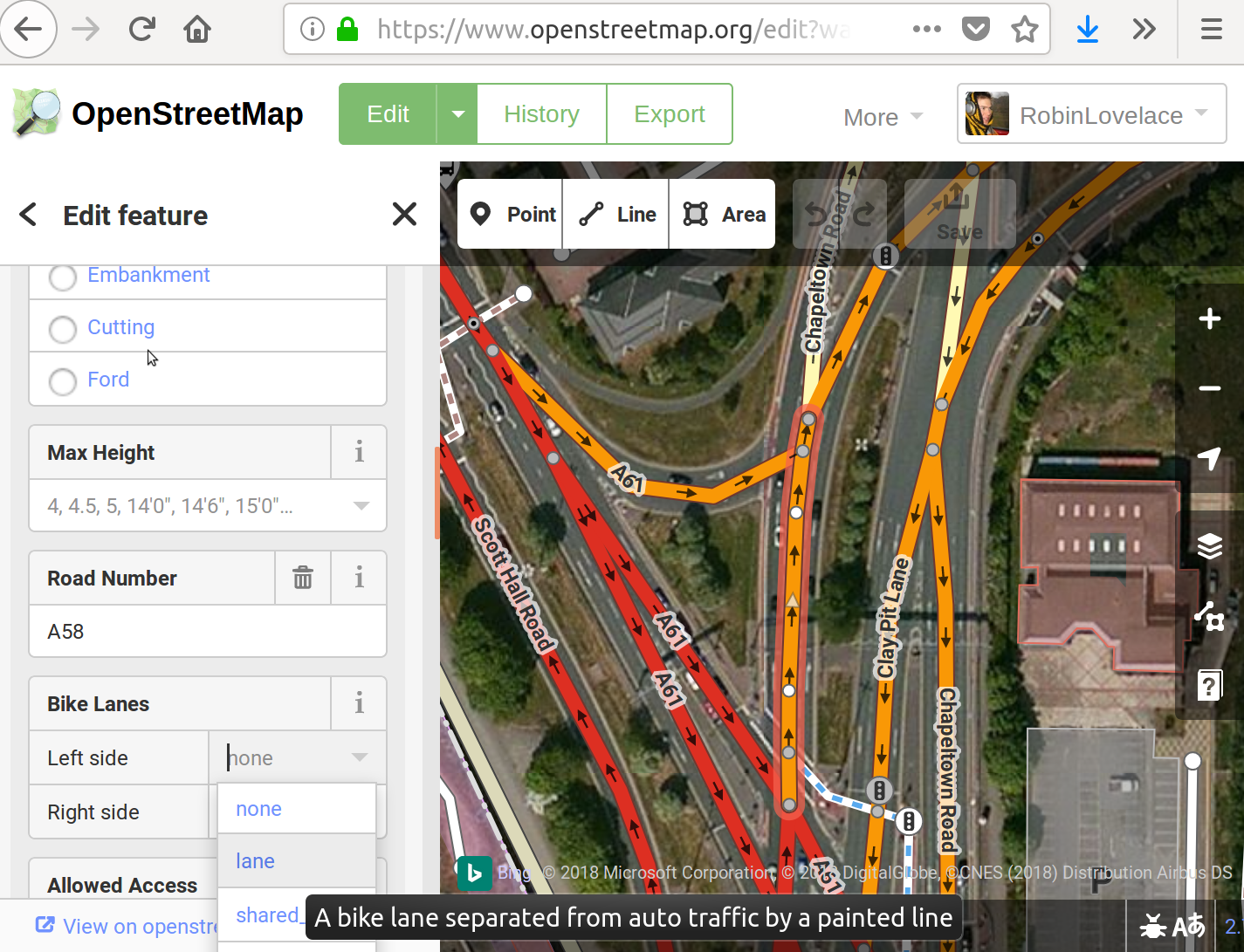 Illustration of adding a cycle lane in OSM in Leeds - real world example.